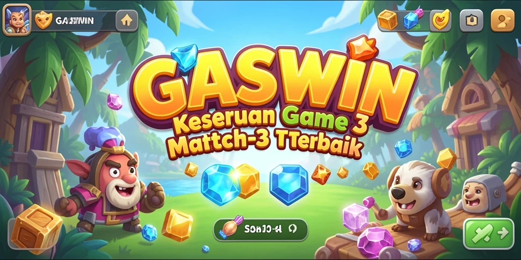 Gameplay GASWIN yang menampilkan match-3 yang seru dan penuh warna.